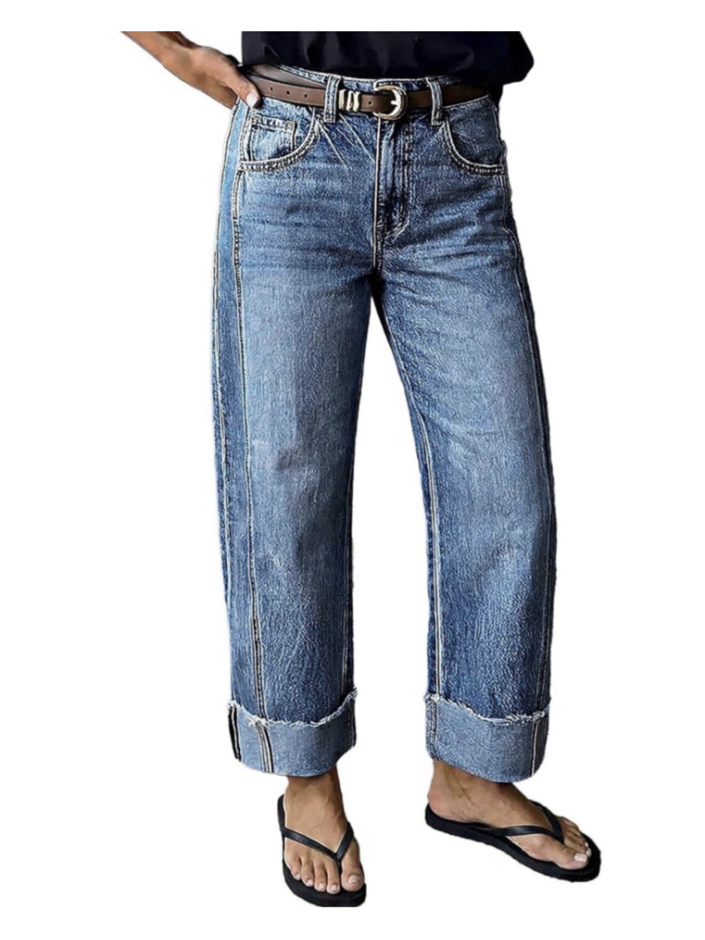 Flamingals Wash Seam Front Roll Raw Hem Mid Rise Straight Leg Jeans M
